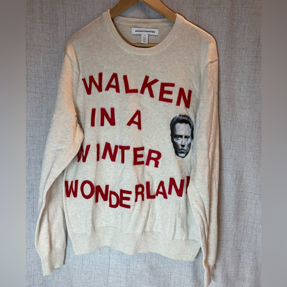 “WALKEN IN A WINTER WONDERLAND” custom hand-designed cotton sweater. GIFT. Large